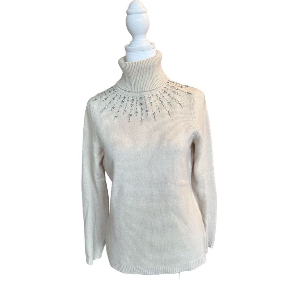Loft Petites Ivory Turtleneck Sweater S Rhinestone Embellished Pullover